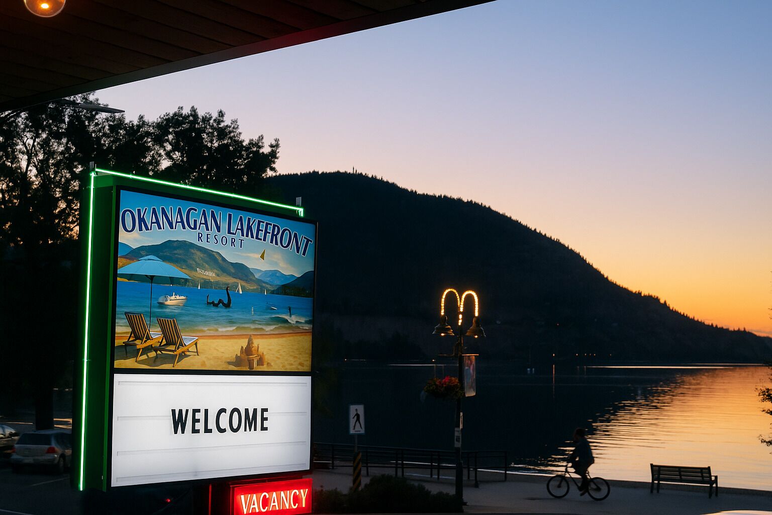 A welcome sign for Okanagan Lakefront Resort with a scenic view of a lake and mountains at dusk.