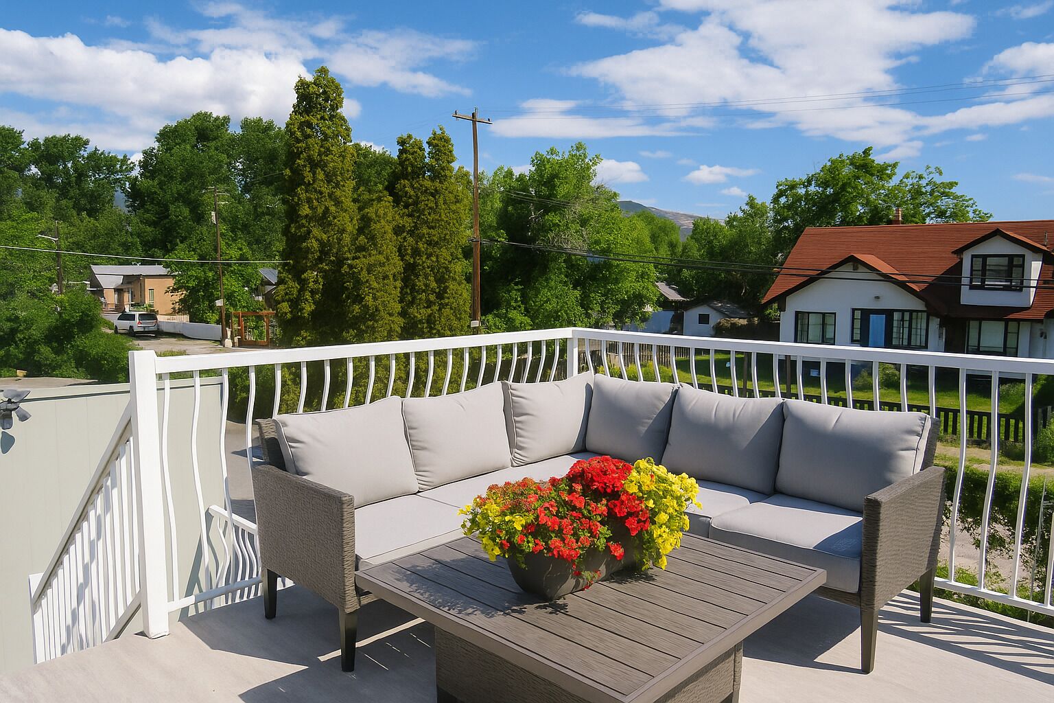 A balcony with a sofa and a table, a flower pot, and a white railing.