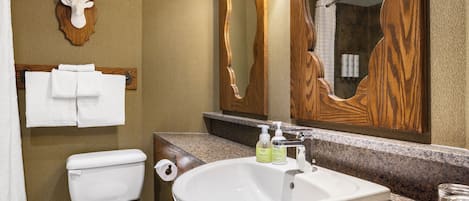 A bathroom with a toilet, sink, and a mirror.