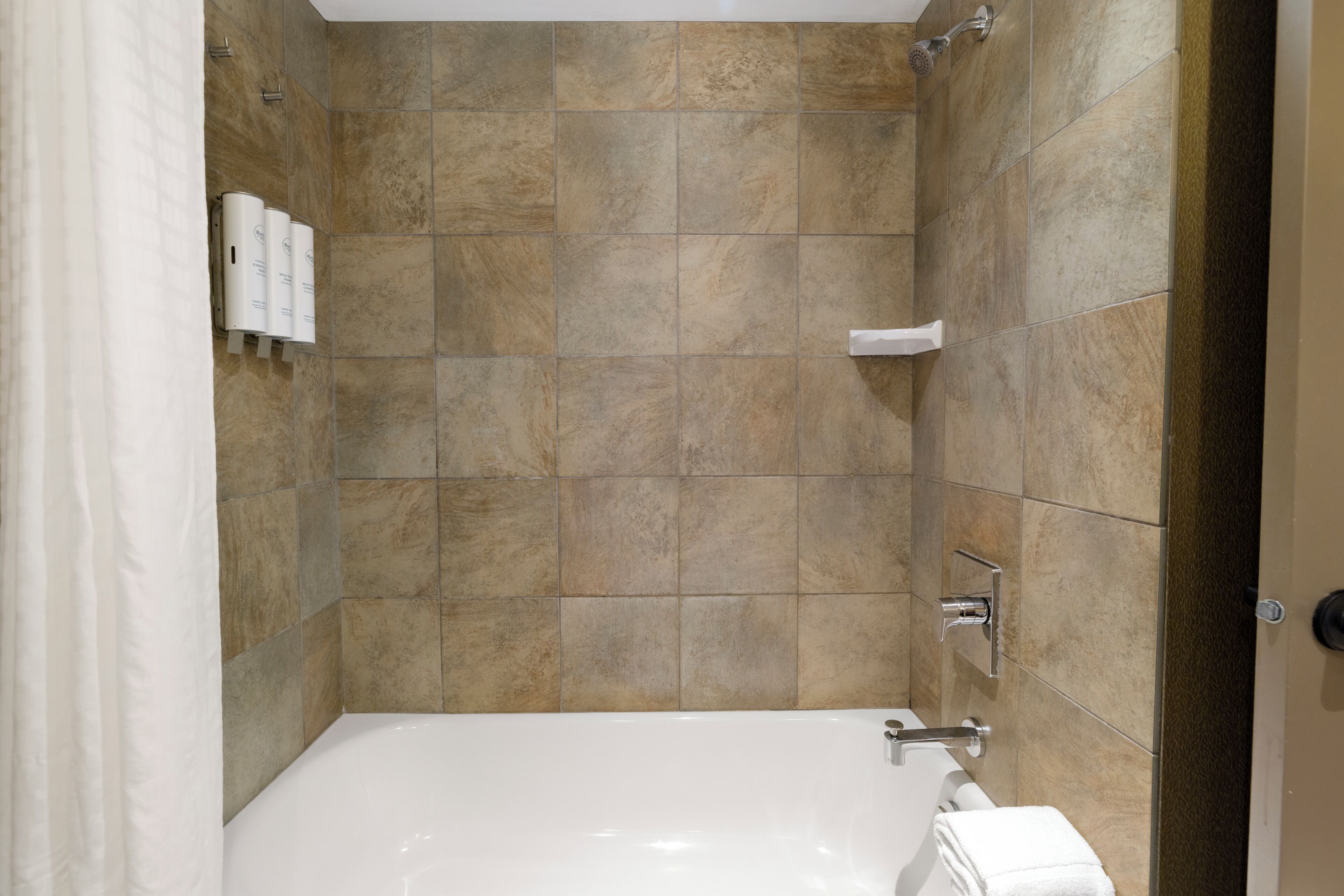 A modern bathroom with a bathtub, a shower, and a toilet.