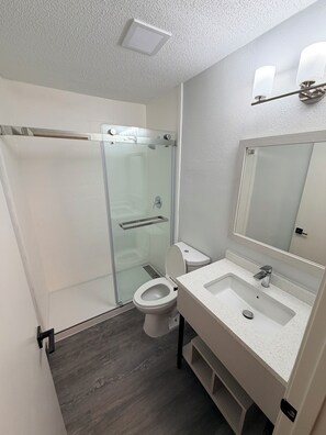 Combined shower/tub, free toiletries, towels