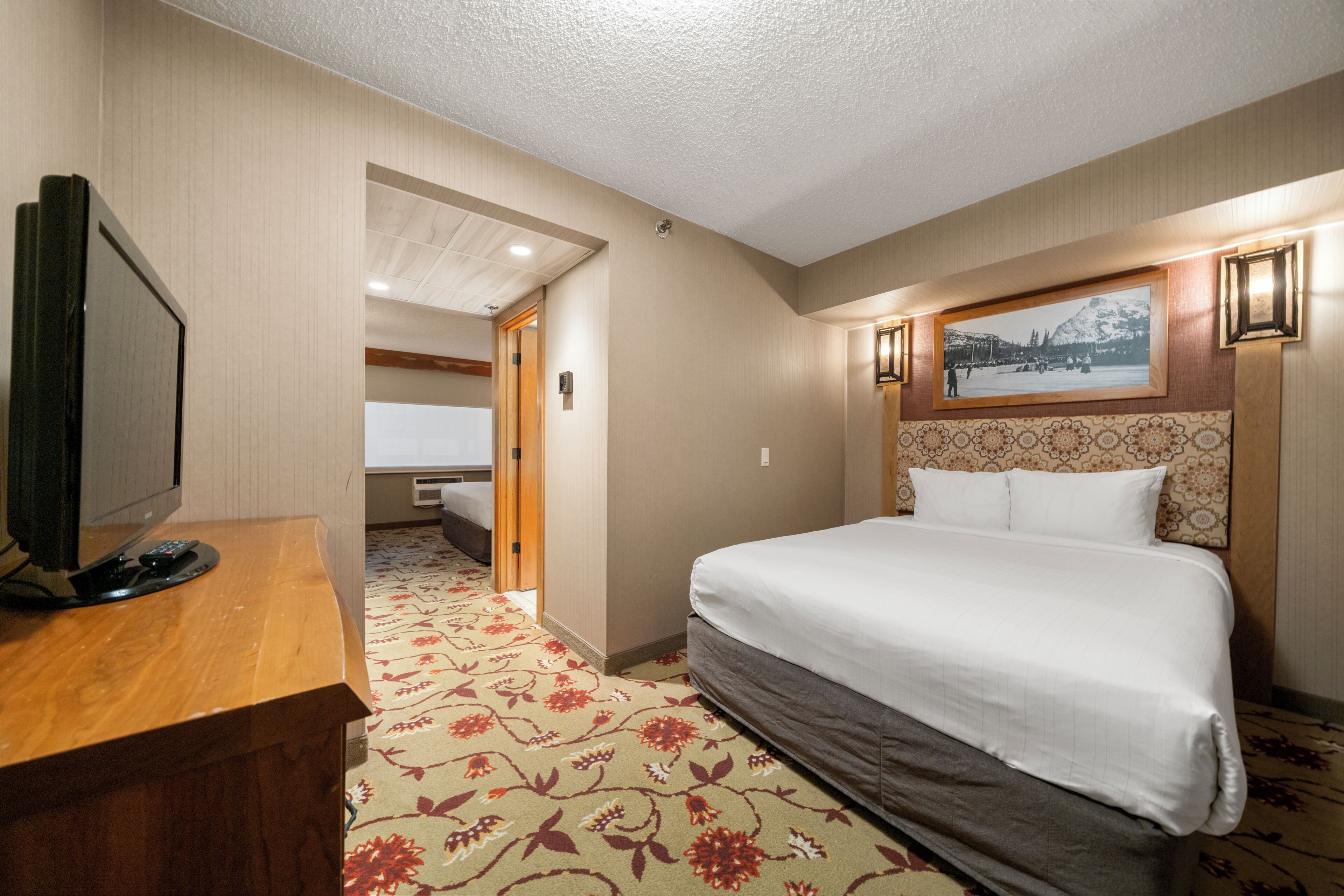 A hotel room with a bed, a television, and a carpeted floor.