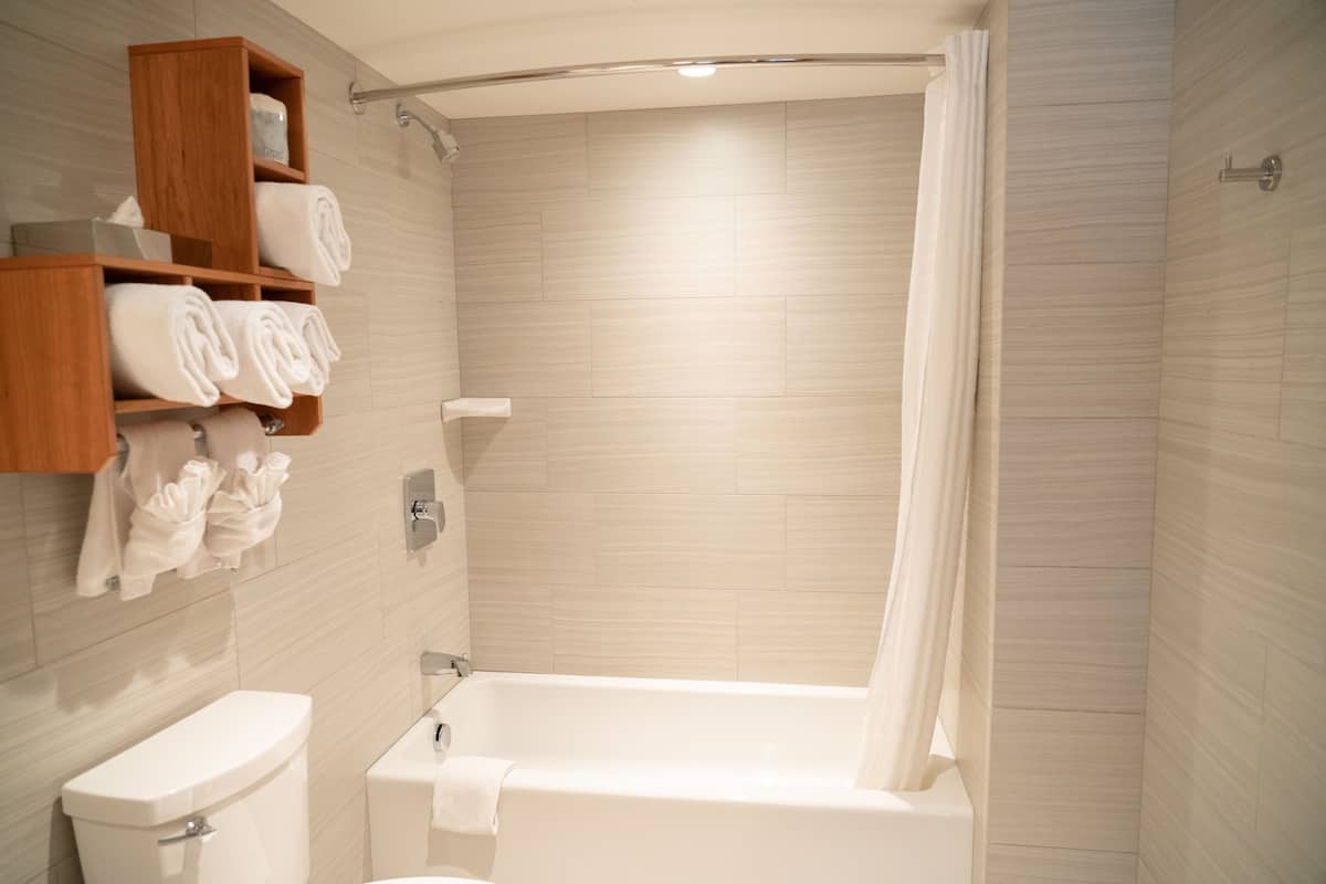 superior room 1 king | bathroom | combined shower/bathtub, eco-friendly toiletries, hair dryer, towels