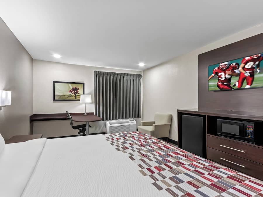 A hotel room with a bed, a desk, a chair, a television, and a microwave.