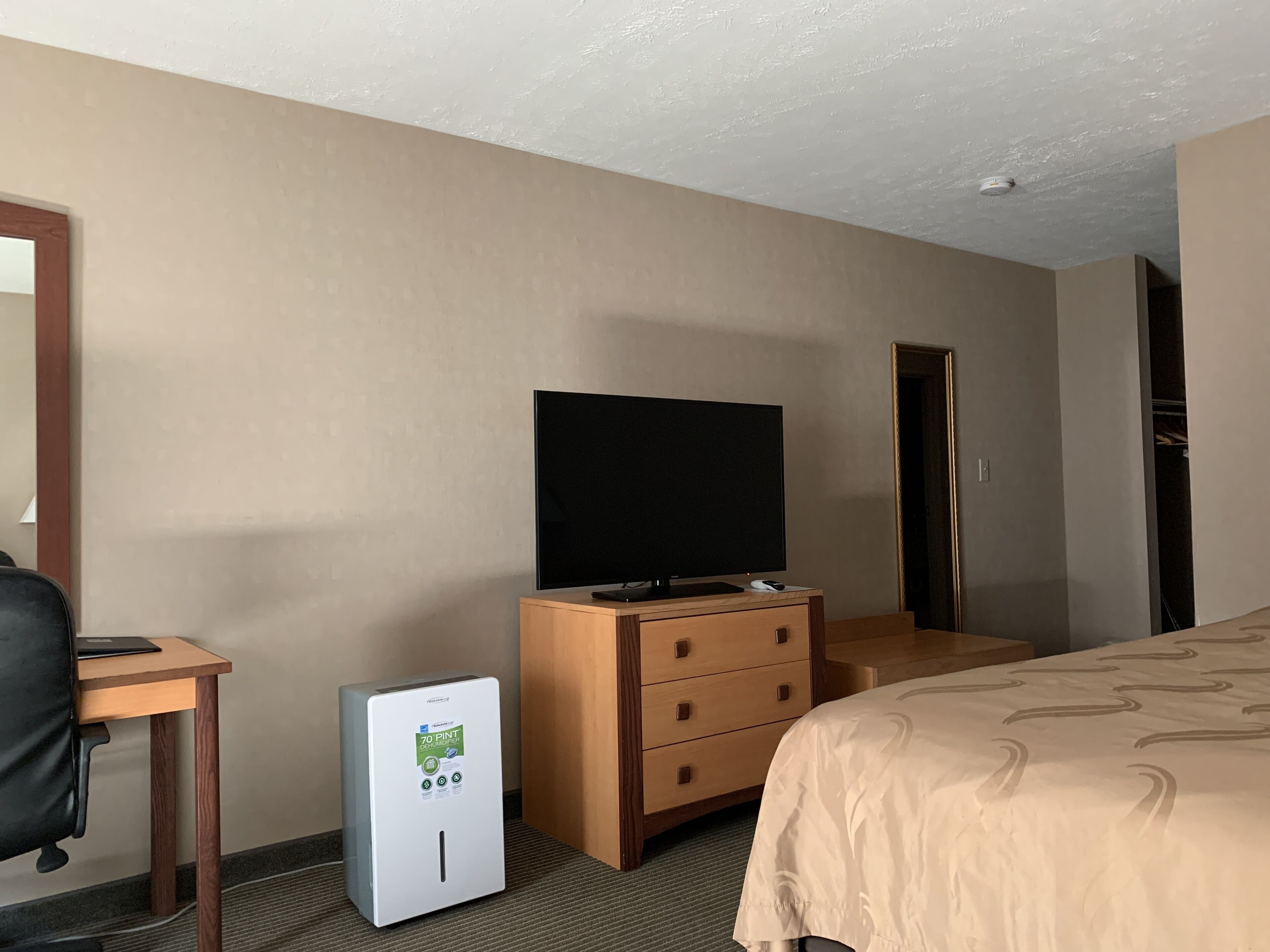 Une chambre d’hôtel avec un lit, un téléviseur posé sur une commode en bois, un bureau avec une chaise et un petit réfrigérateur.