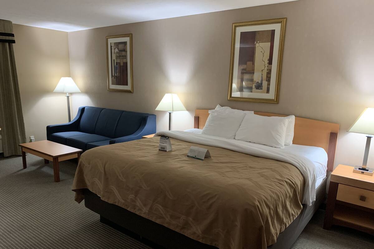 A hotel room with a large bed, a blue sofa, two bedside lamps, and two framed artworks on the walls.