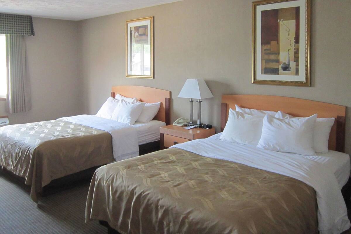 A hotel room with two beds, a nightstand with a lamp, and framed artwork on the walls.