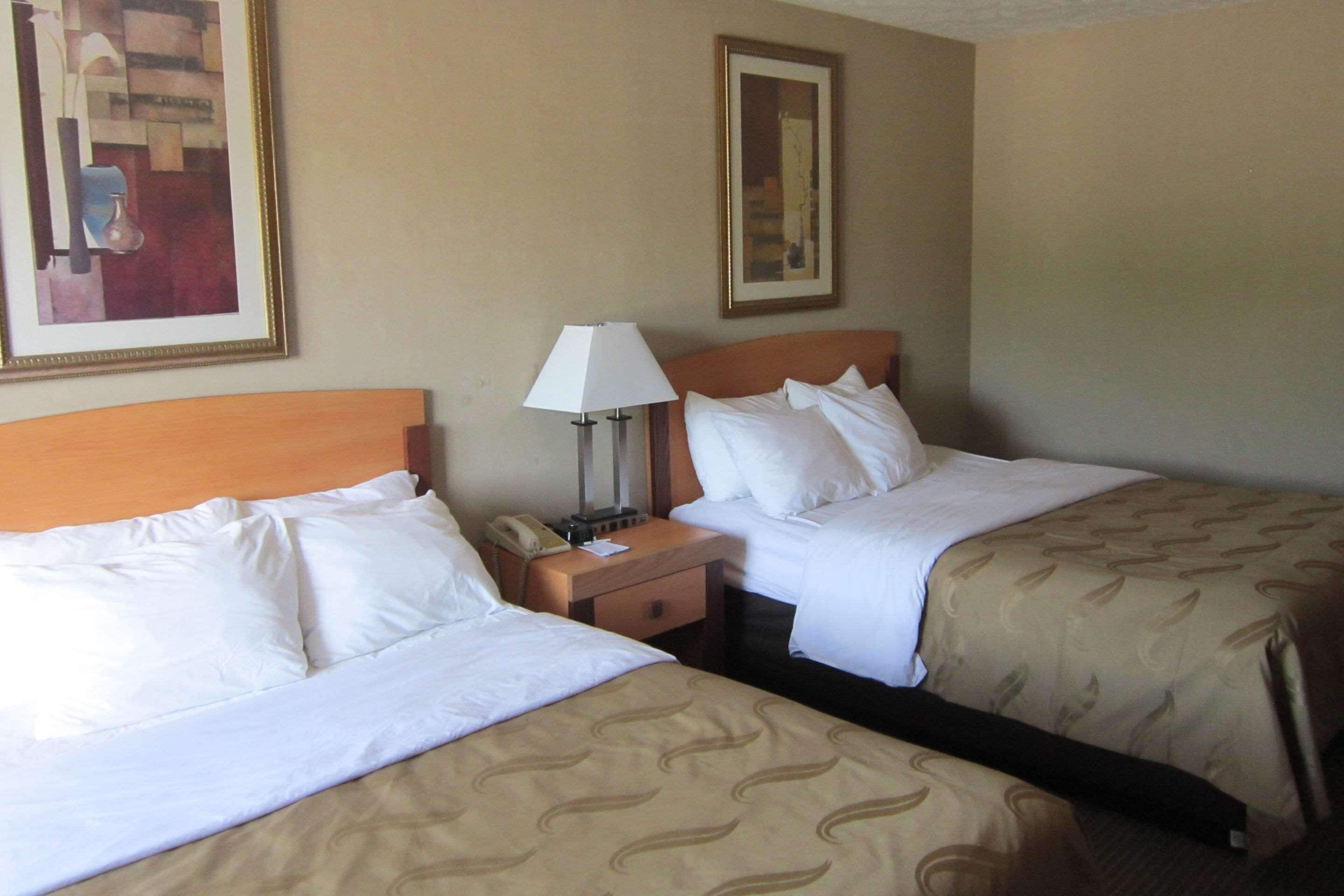 A hotel room with two beds, a nightstand with a lamp, and a framed picture on the wall.