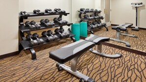 A hotel gym with dumbbells on racks, a bench, and a mirror. - Holiday Inn Express Scottsdale North by IHG (Paradise Valley)