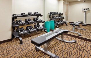 Une salle de sport d’hôtel équipée de poids, d’un banc et d’un miroir.