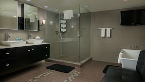 Un baño moderno con ducha de vidrio, un espejo grande, un lavamanos y una bañera.