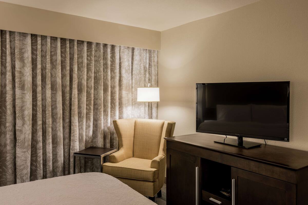 A hotel room with a bed, a TV on a wooden stand, a chair, and a curtain with a leaf pattern.