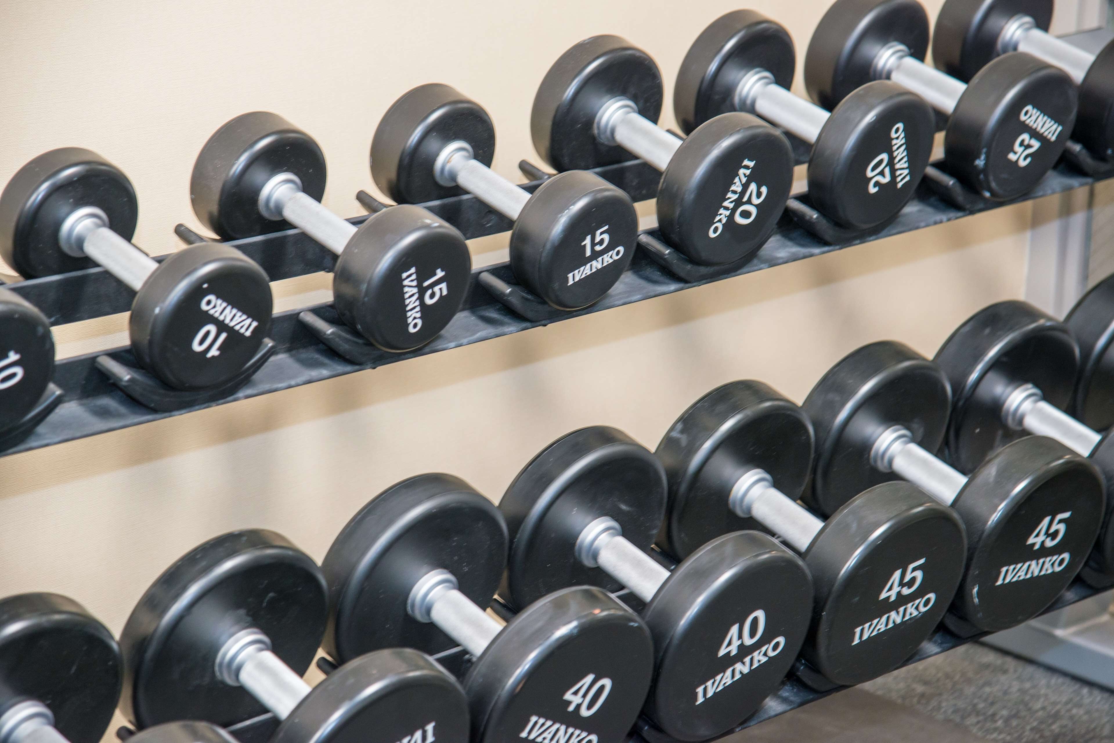 A rack of dumbbells with weights ranging from 10 to 45 pounds.