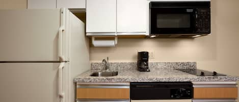 Grand réfrigérateur, micro-ondes, plaque de cuisson, lave-vaisselle