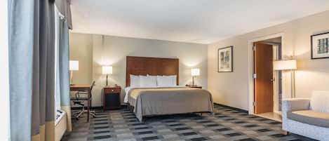 1 bedroom, desk, blackout drapes, iron/ironing board