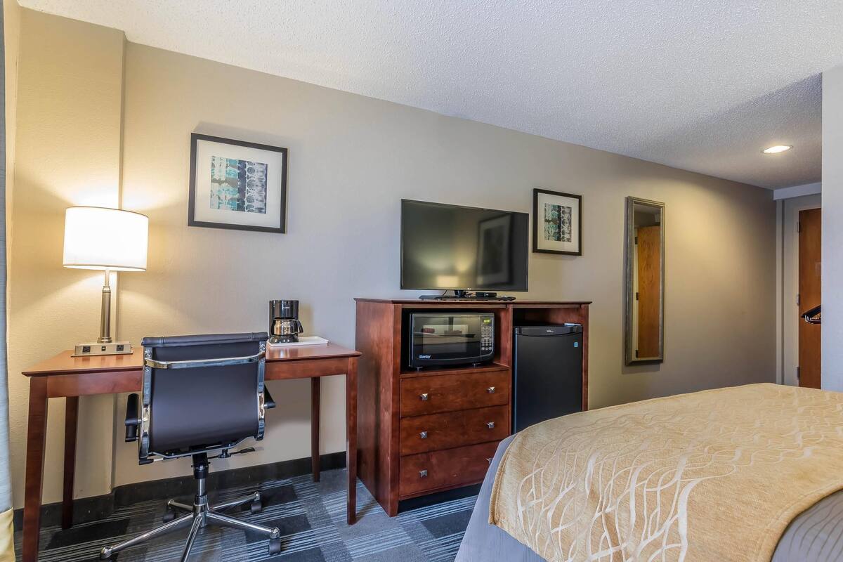 A hotel room with a bed, desk, chair, microwave, refrigerator, and a TV.