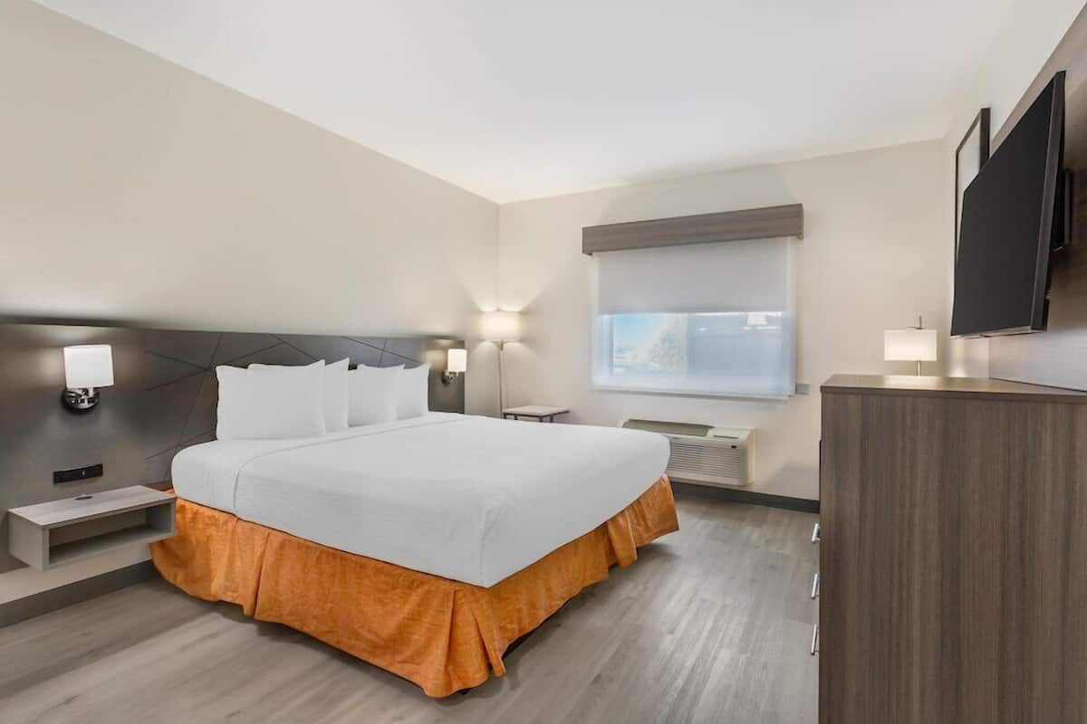 Une chambre d’hôtel avec un grand lit, des tables de chevet, un bureau, un téléviseur à écran plat et une fenêtre donnant sur un paysage agréable.