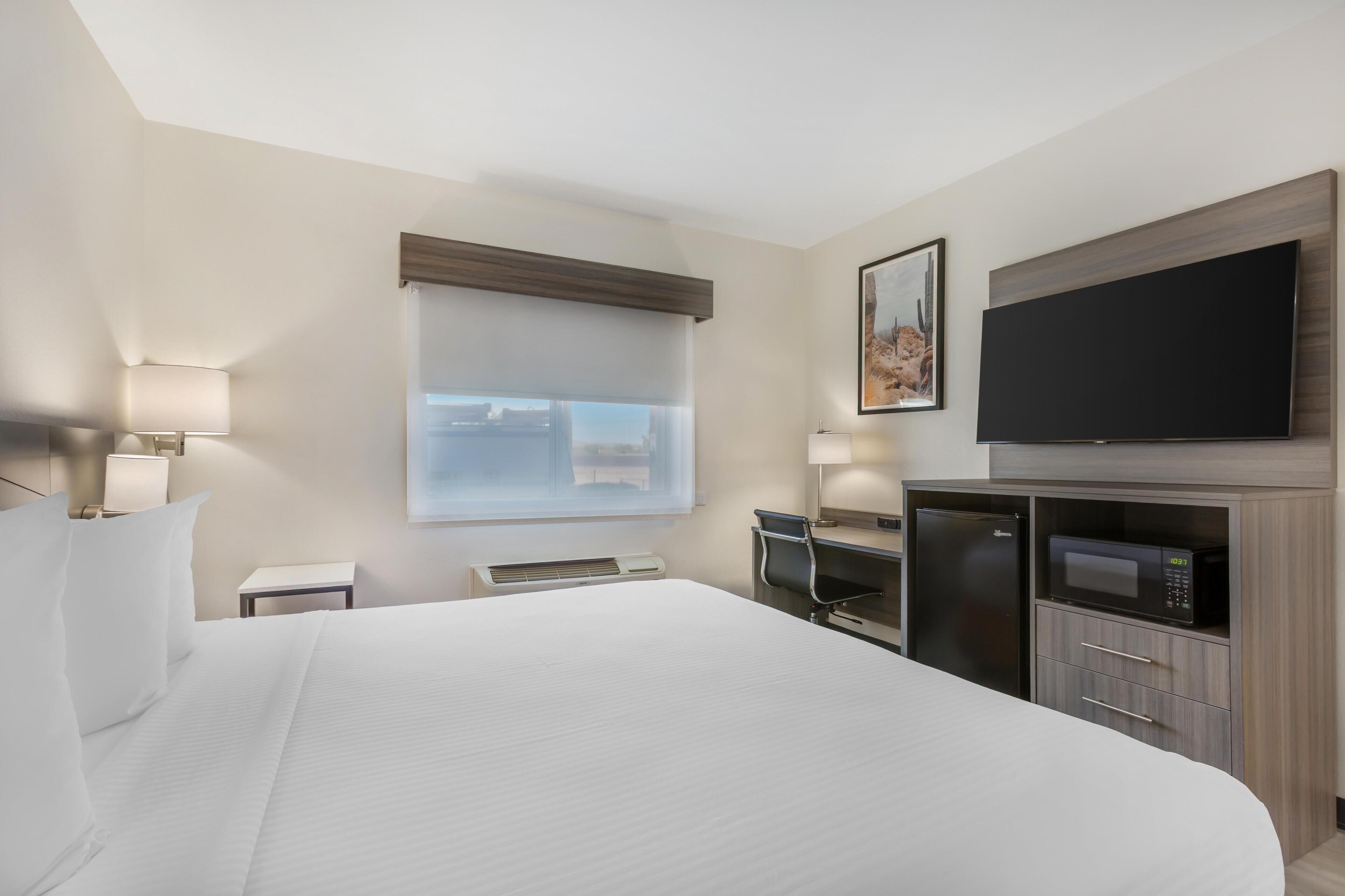 Habitación de hotel con una cama grande, un televisor de pantalla plana, un escritorio con una silla, un microondas y una ventana con vistas.