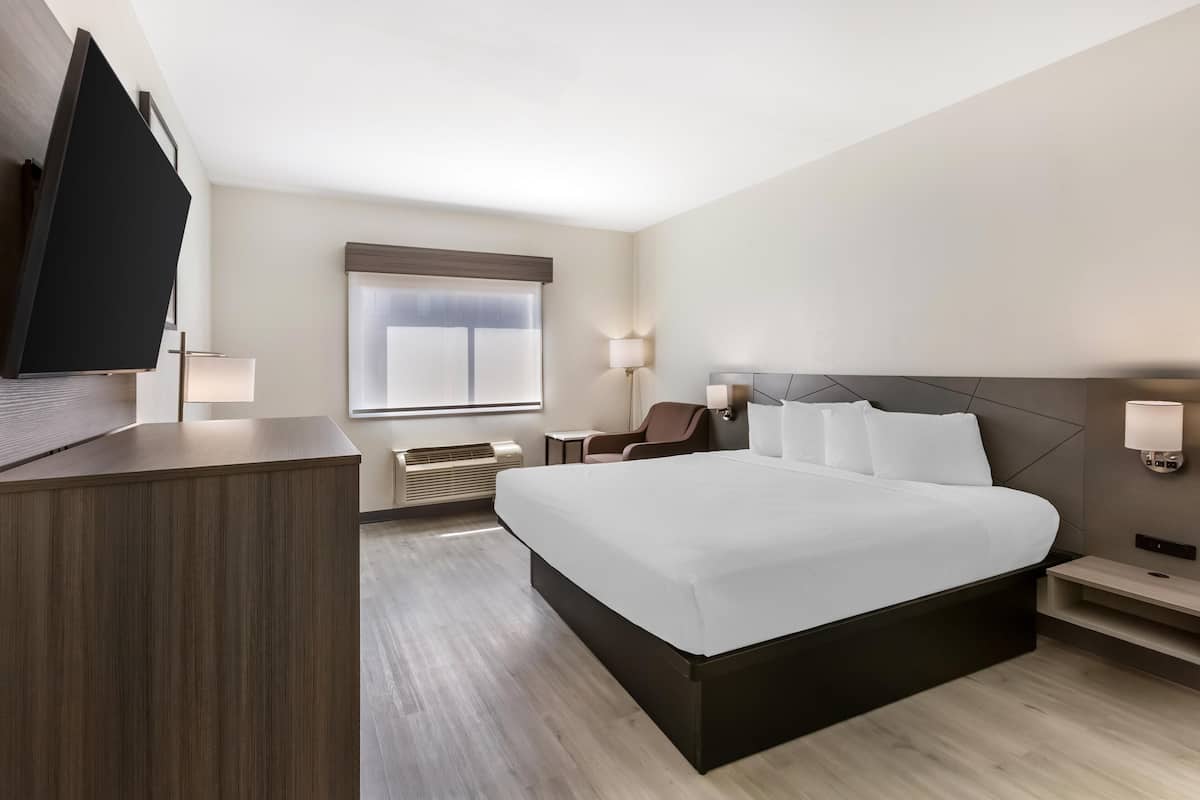 Une chambre d’hôtel moderne équipée d’un grand lit, d’un bureau, d’une chaise et d’un téléviseur à écran plat.