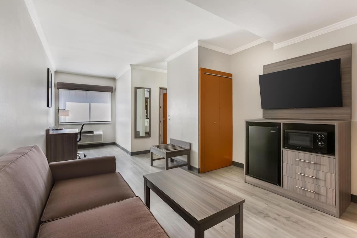 Un salon moderne comprenant un canapé, une table basse, un téléviseur fixé au mur, un petit coin cuisine avec un four à micro-ondes et un réfrigérateur, ainsi qu’une porte en bois.
