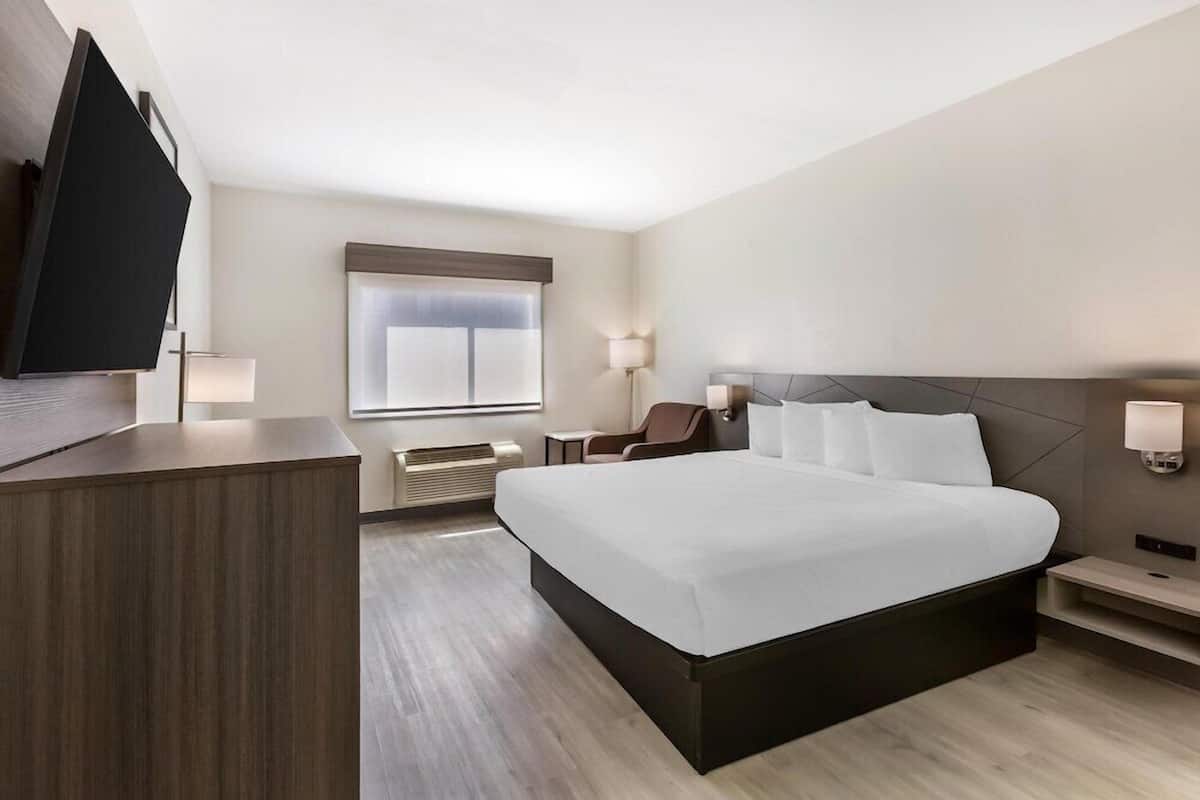 Une chambre d’hôtel avec un lit, des tables de chevet, un bureau, une chaise, une télévision et une fenêtre.