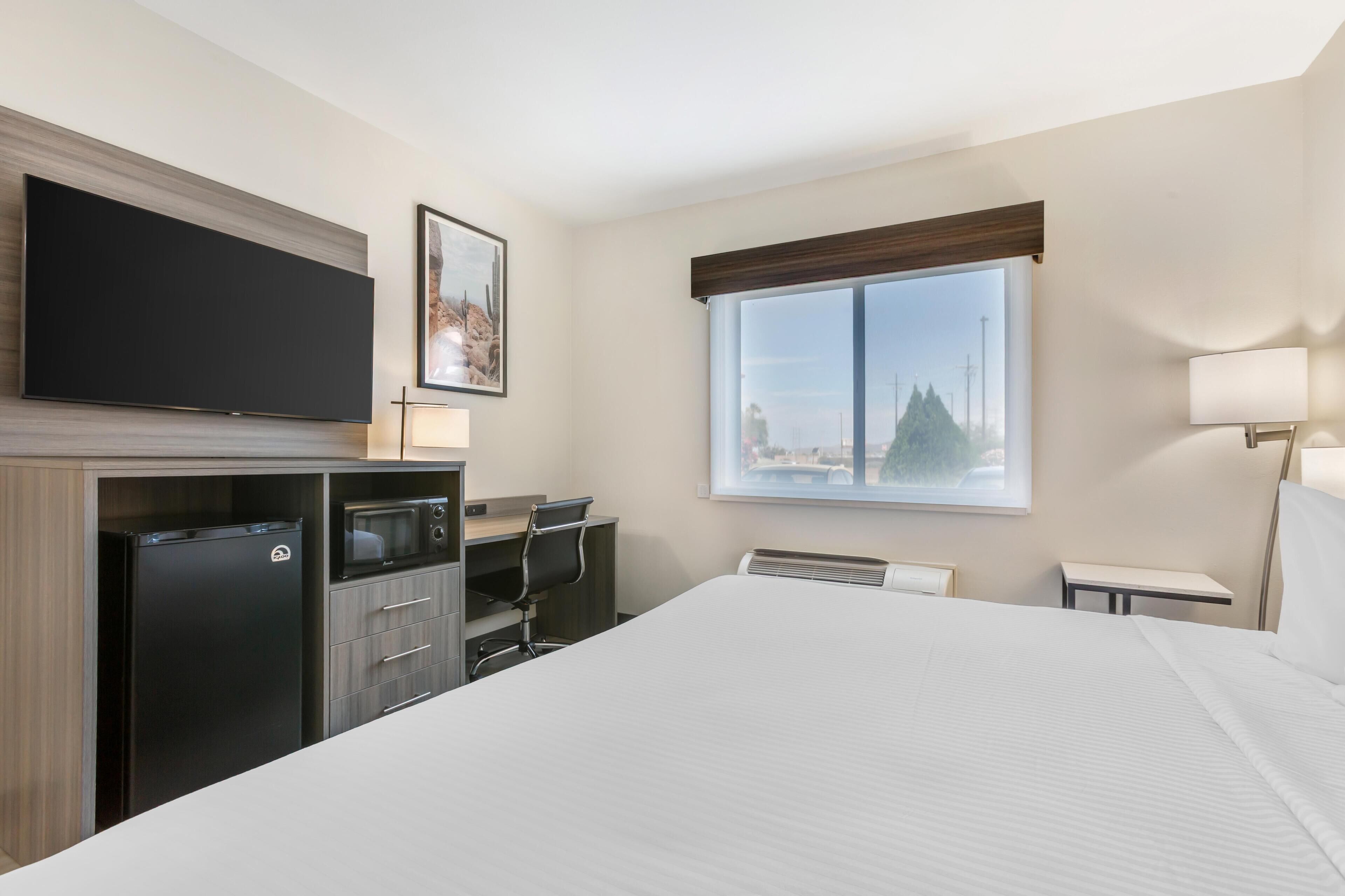 A hotel room with a bed, a desk with a chair, a flat-screen TV, a microwave, a refrigerator, a window with a view of trees, and a lamp.