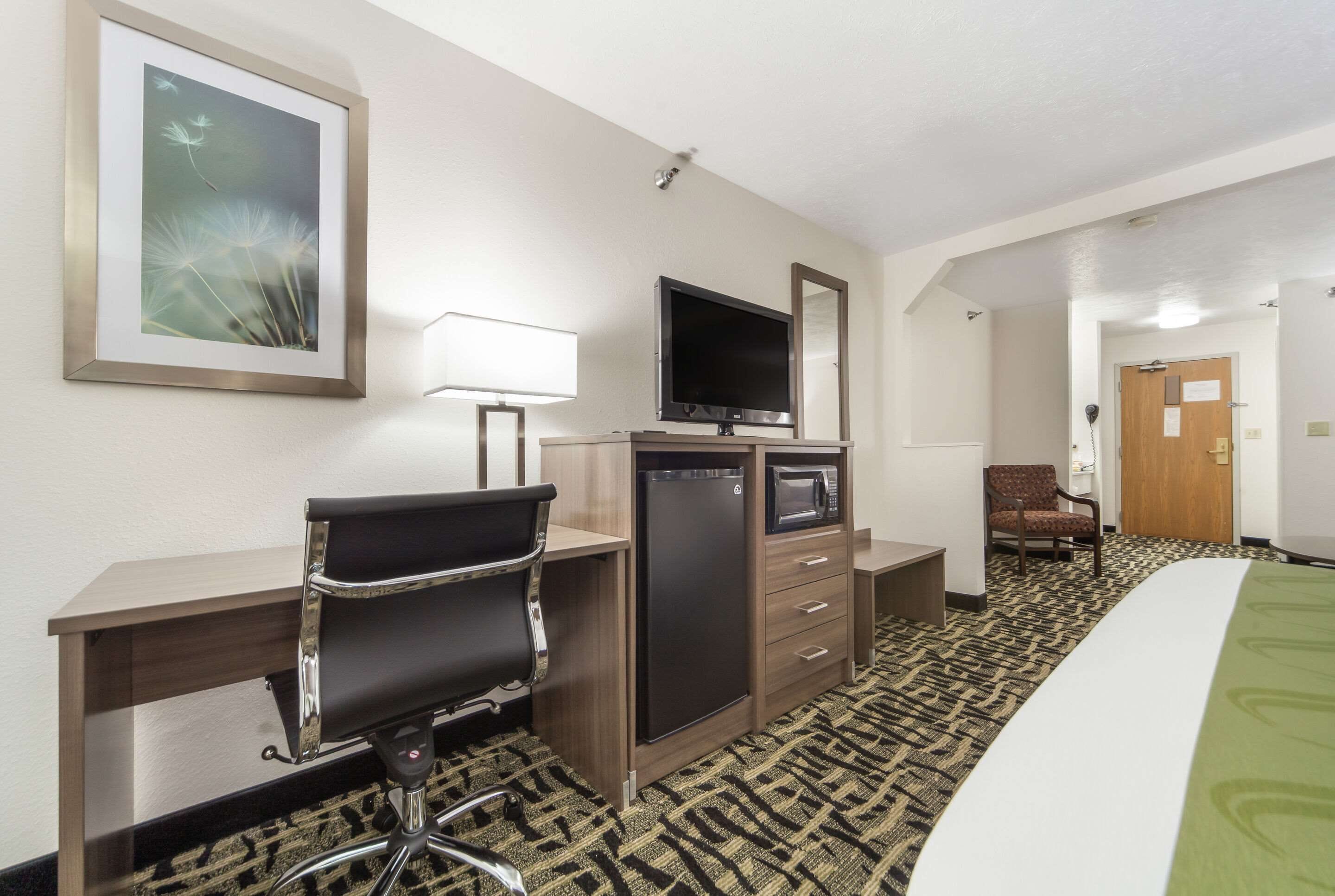 Quarto de hotel com escrivaninha, cadeira, televisão, micro-ondas e uma cama.