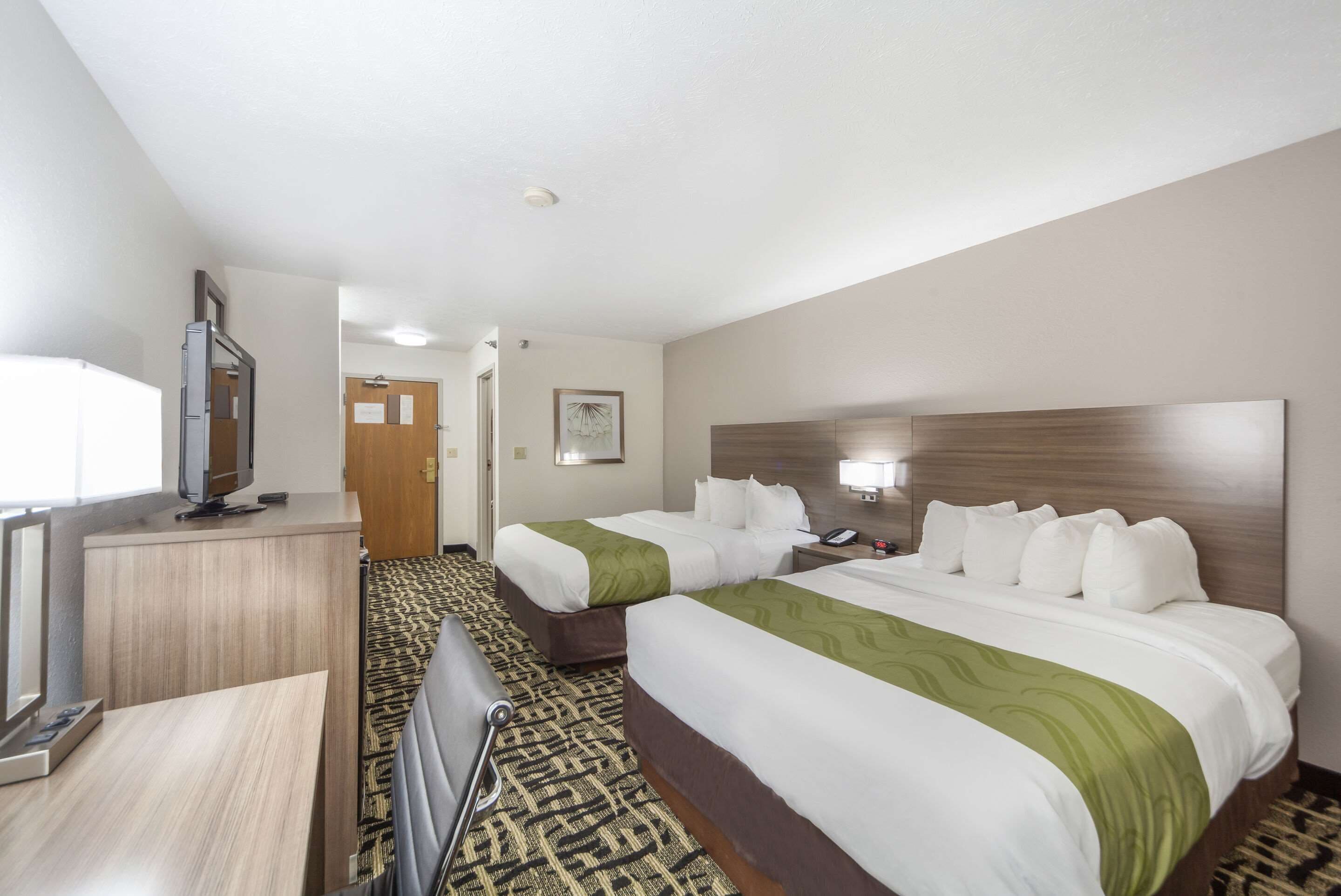 A hotel room with two beds, a desk, a television, and a patterned carpet.
