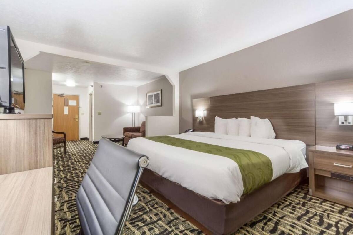 A hotel room with a bed, a desk, a chair, a television, and a lamp.