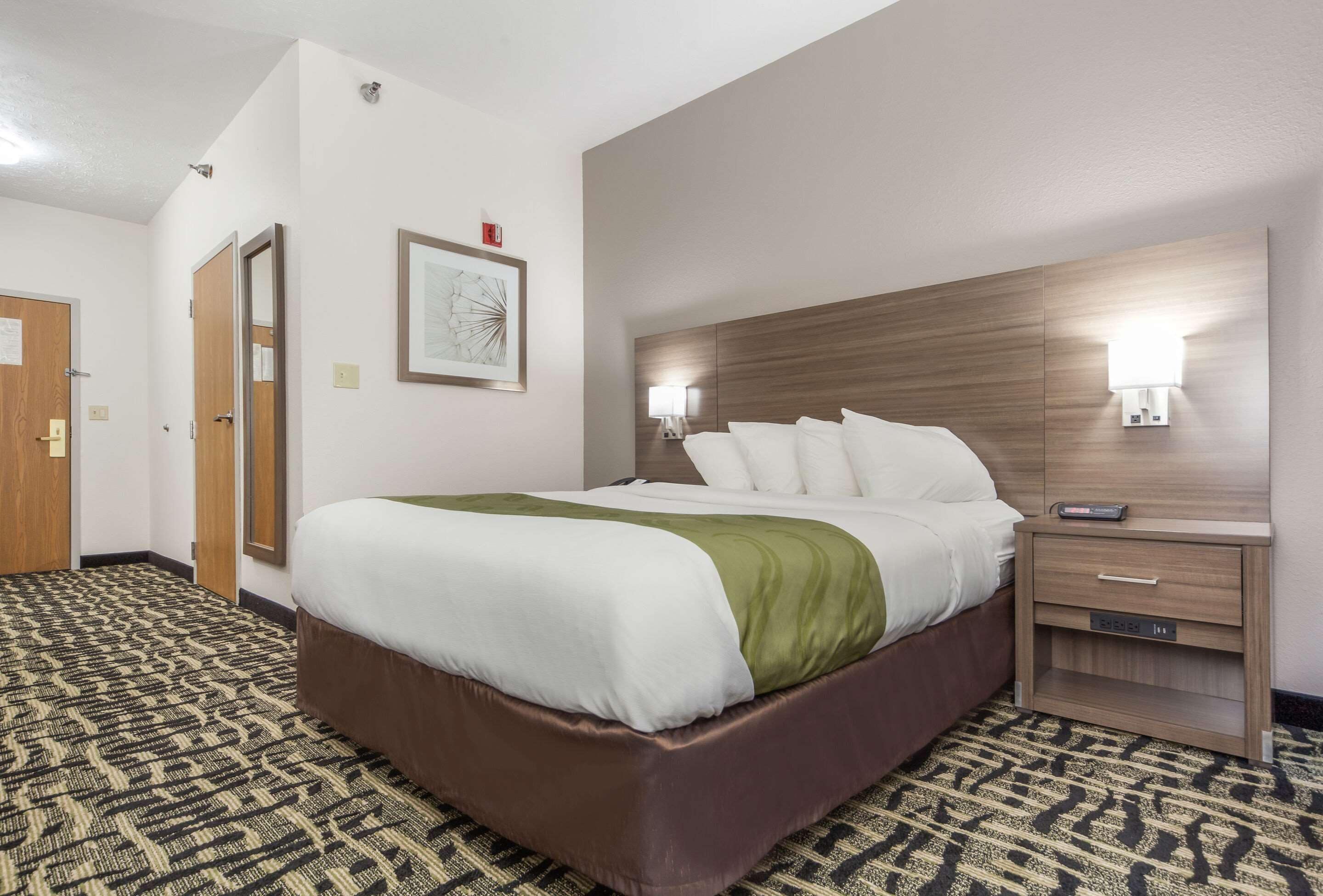 Una habitación de hotel con una cama grande, cabecera de madera, mesita de noche y alfombra estampada.