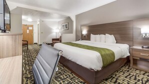 A hotel room with a large bed, a desk, a chair, a television, and a patterned carpet. - Quality Inn & Suites Omaha Chalco (Omaha)