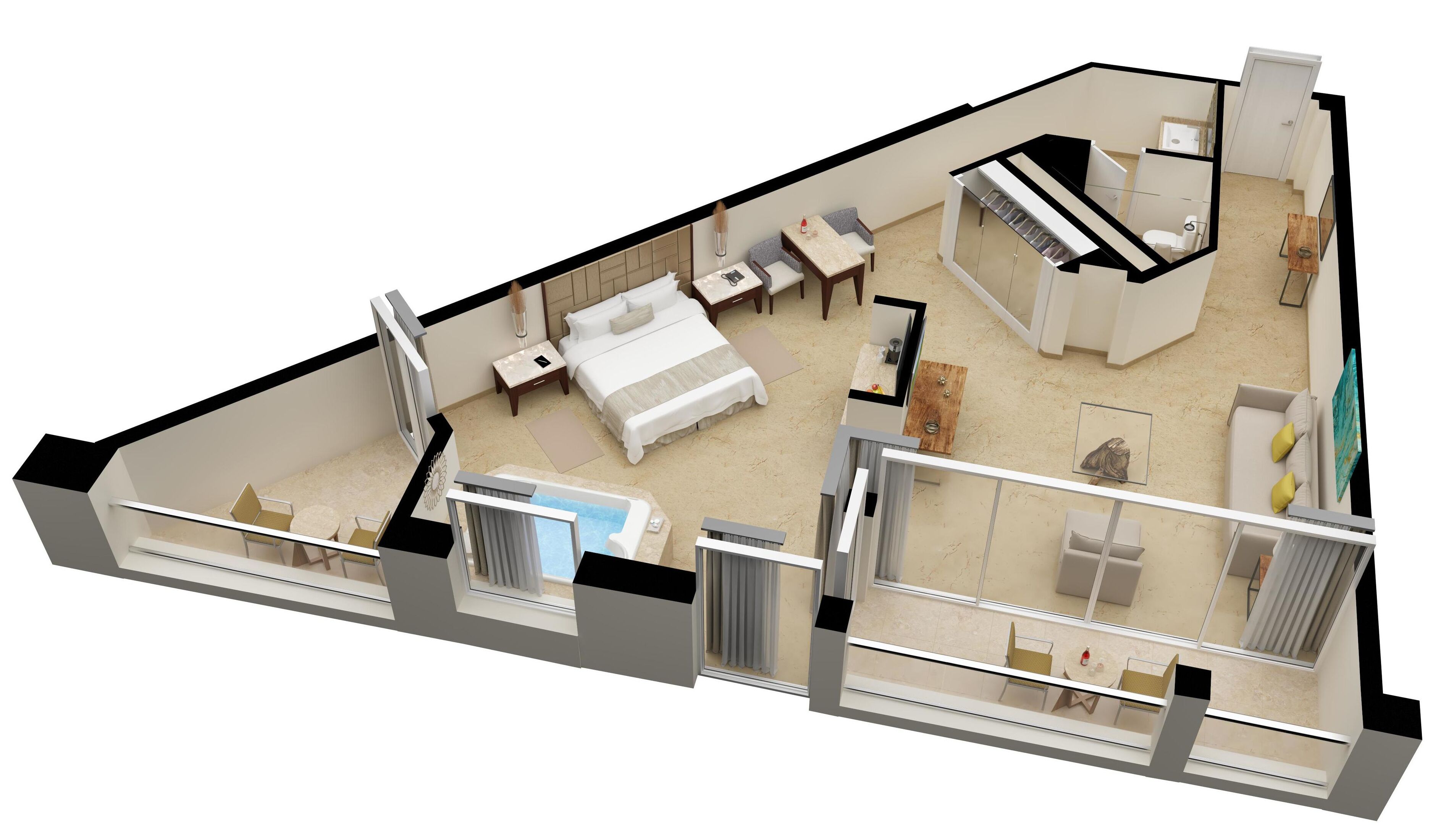 Plano de planta en 3D de una habitación de hotel con cama, escritorio, silla, una mesita, sofá, balcón con piscina y baño.