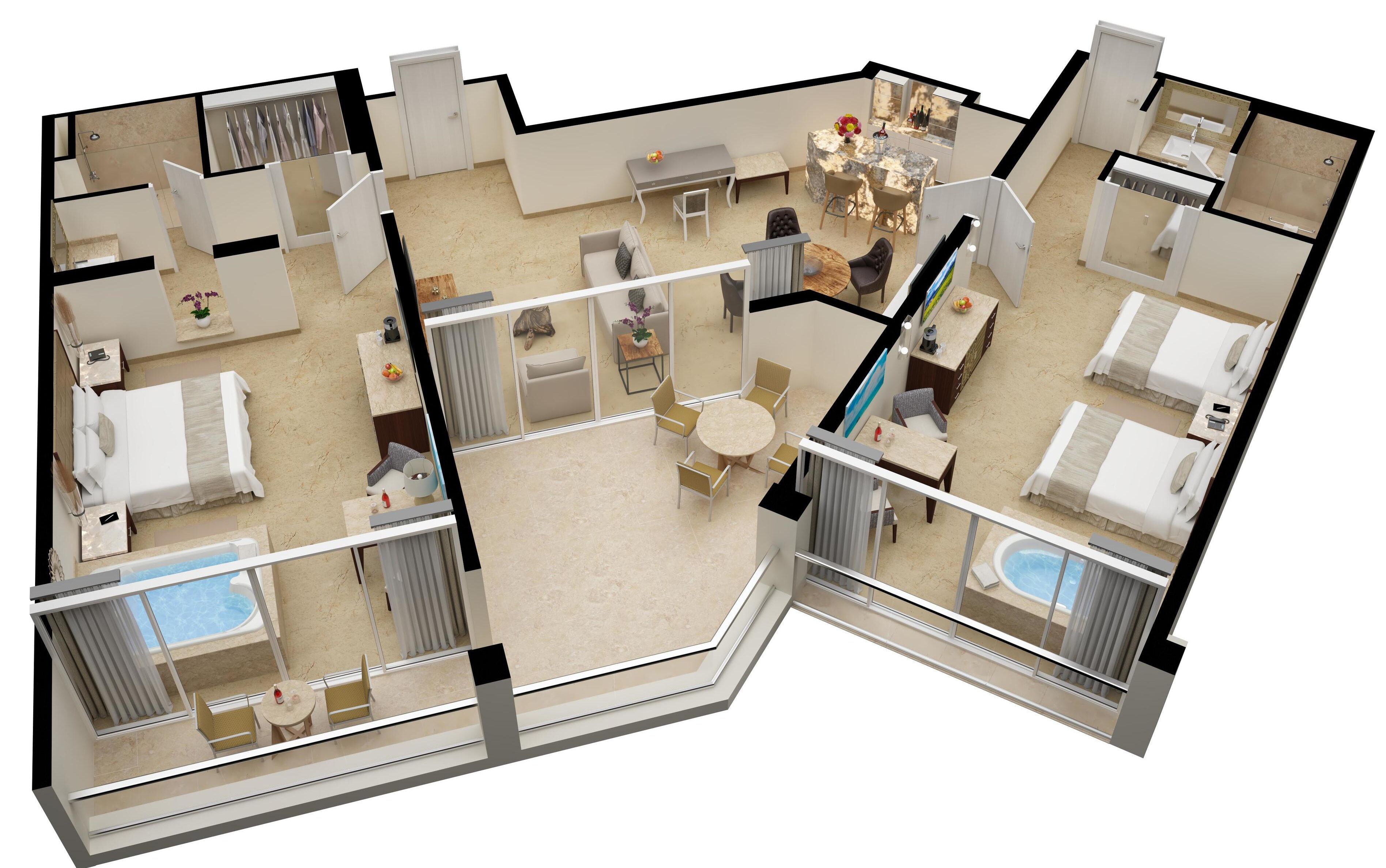 A 3D floor plan of a hotel with multiple bedrooms, a dining area, a kitchen, and a pool.