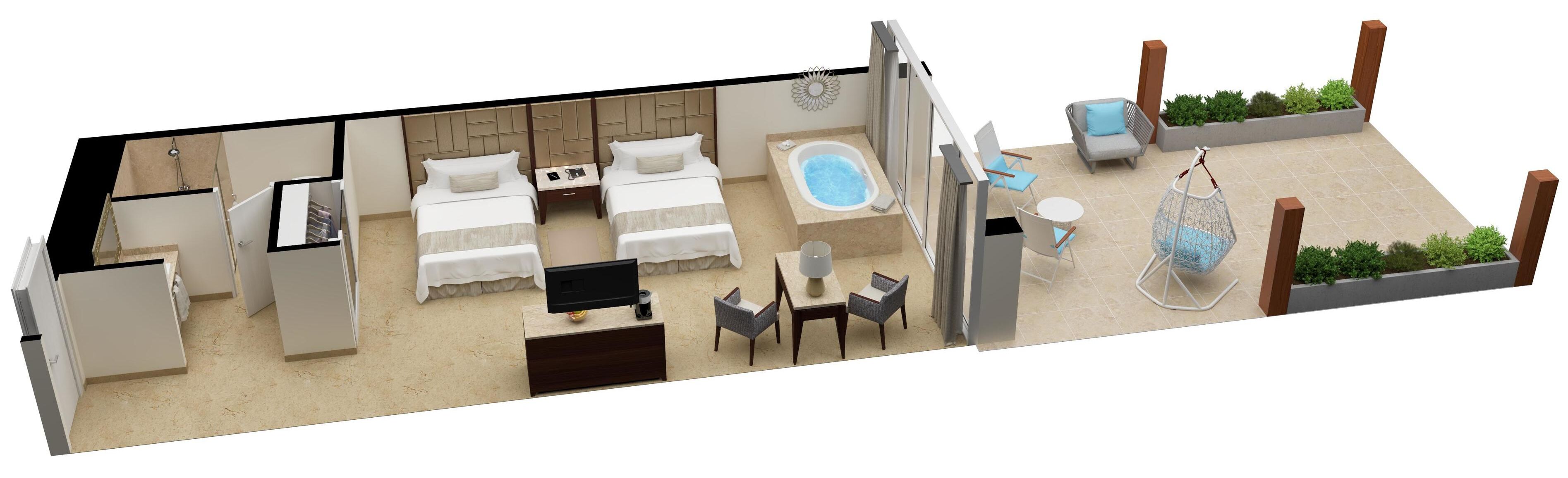 Habitación de hotel con cama, escritorio, silla, pequeña mesa, sofá, sillón colgante, piscina pequeña y jardín.