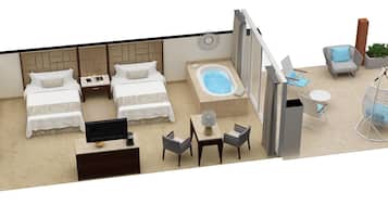 Habitación de hotel con cama, escritorio, silla, pequeña mesa, sofá, sillón colgante, piscina pequeña y jardín.
