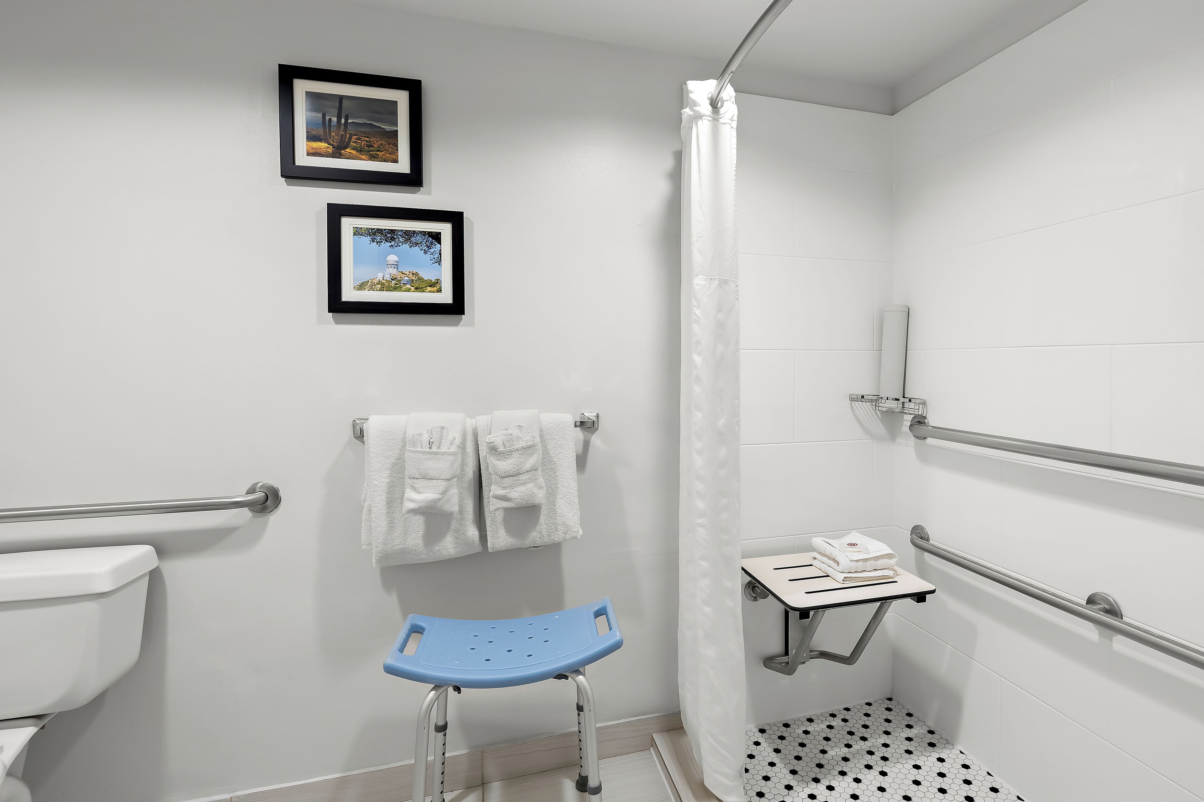 A bathroom with a toilet, a shower with a curtain, a sink with a towel rack, and two framed pictures on the wall.