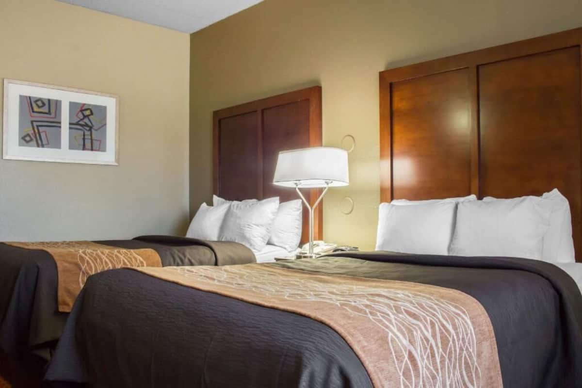A hotel room with two beds, a wooden headboard, a bedside lamp, and a framed picture on the wall.
