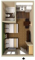A hotel room layout with a bed, bedside tables, a desk, a chair, a small bathroom, and a kitchenette.