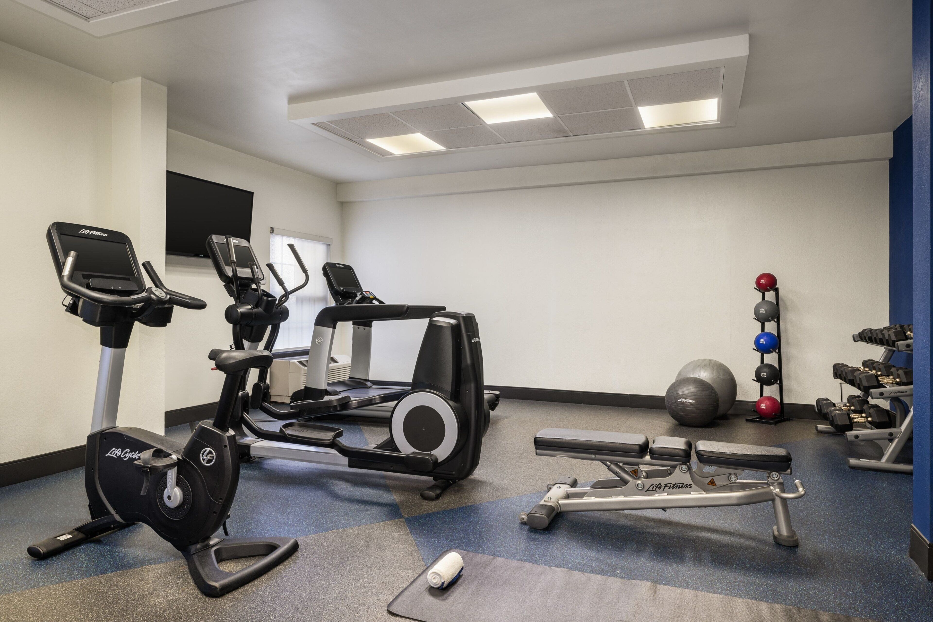 A gym with cardio machines, weightlifting equipment, and exercise balls.