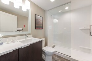 Combined shower/bathtub, free toiletries, hair dryer, towels