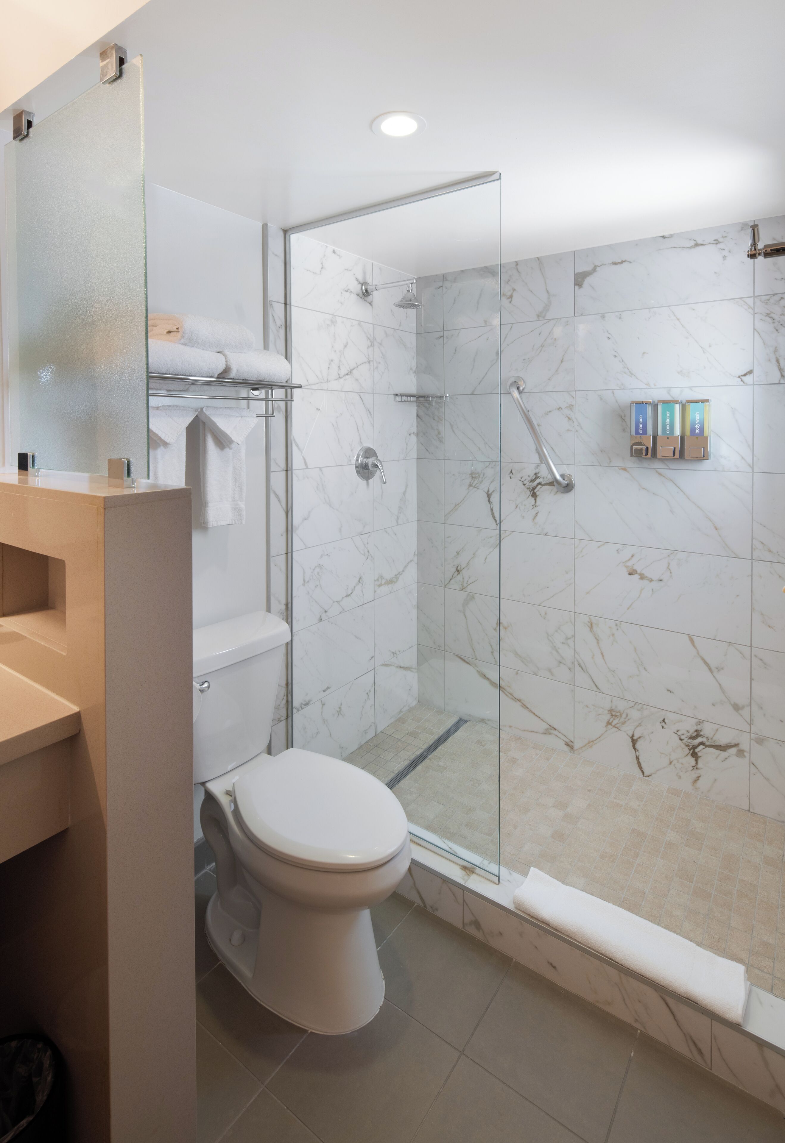 Un baño moderno con ducha envuelta en cristal, inodoro y tocador con espejo.