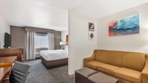Una habitación de hotel con cama, sofá, escritorio y silla.