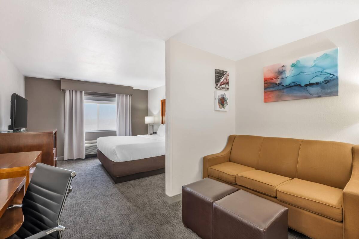 A hotel room with a bed, a sofa, a desk, and a chair.