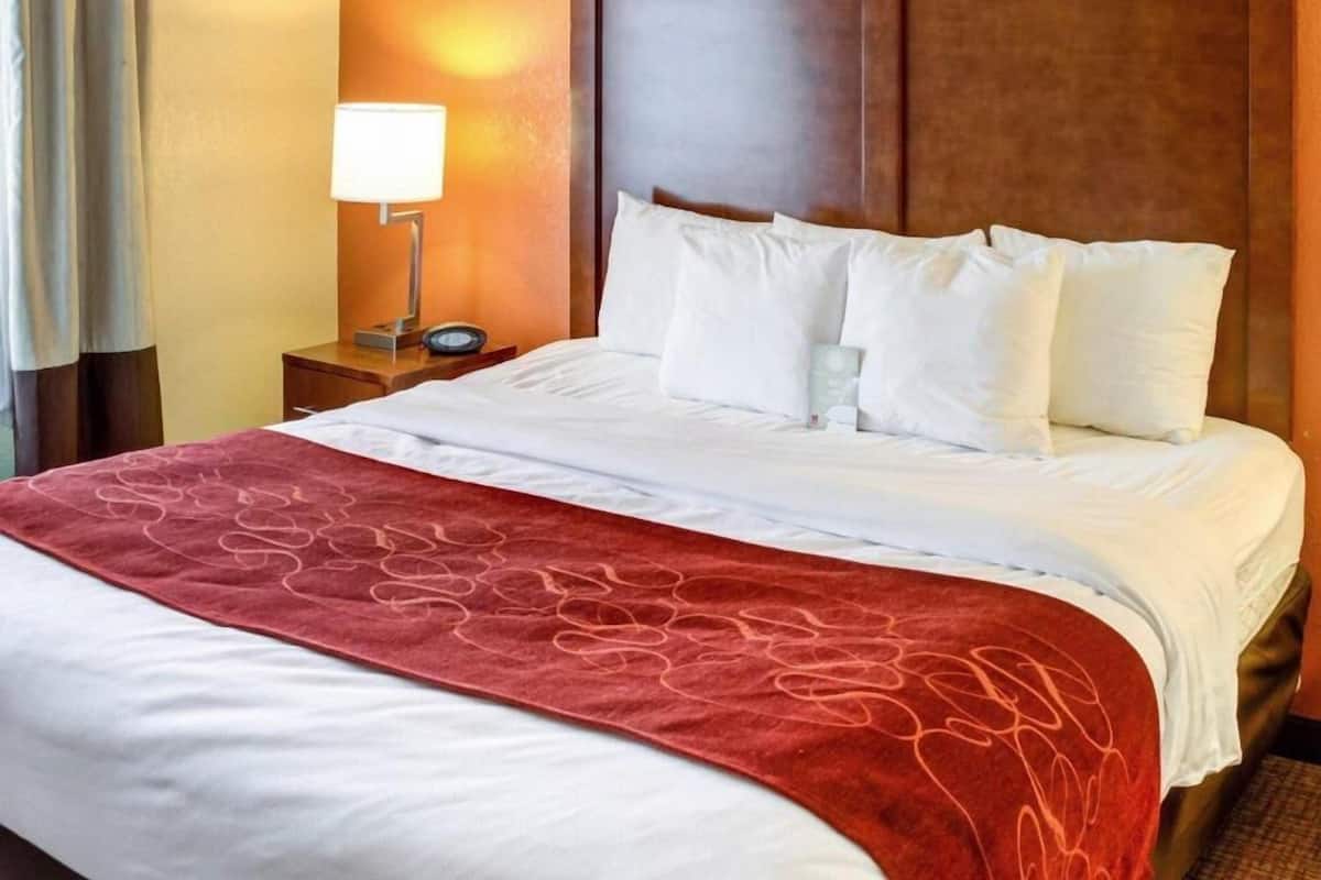 A hotel room with a large bed, a wooden headboard, a bedside table with a lamp, and a red throw blanket.