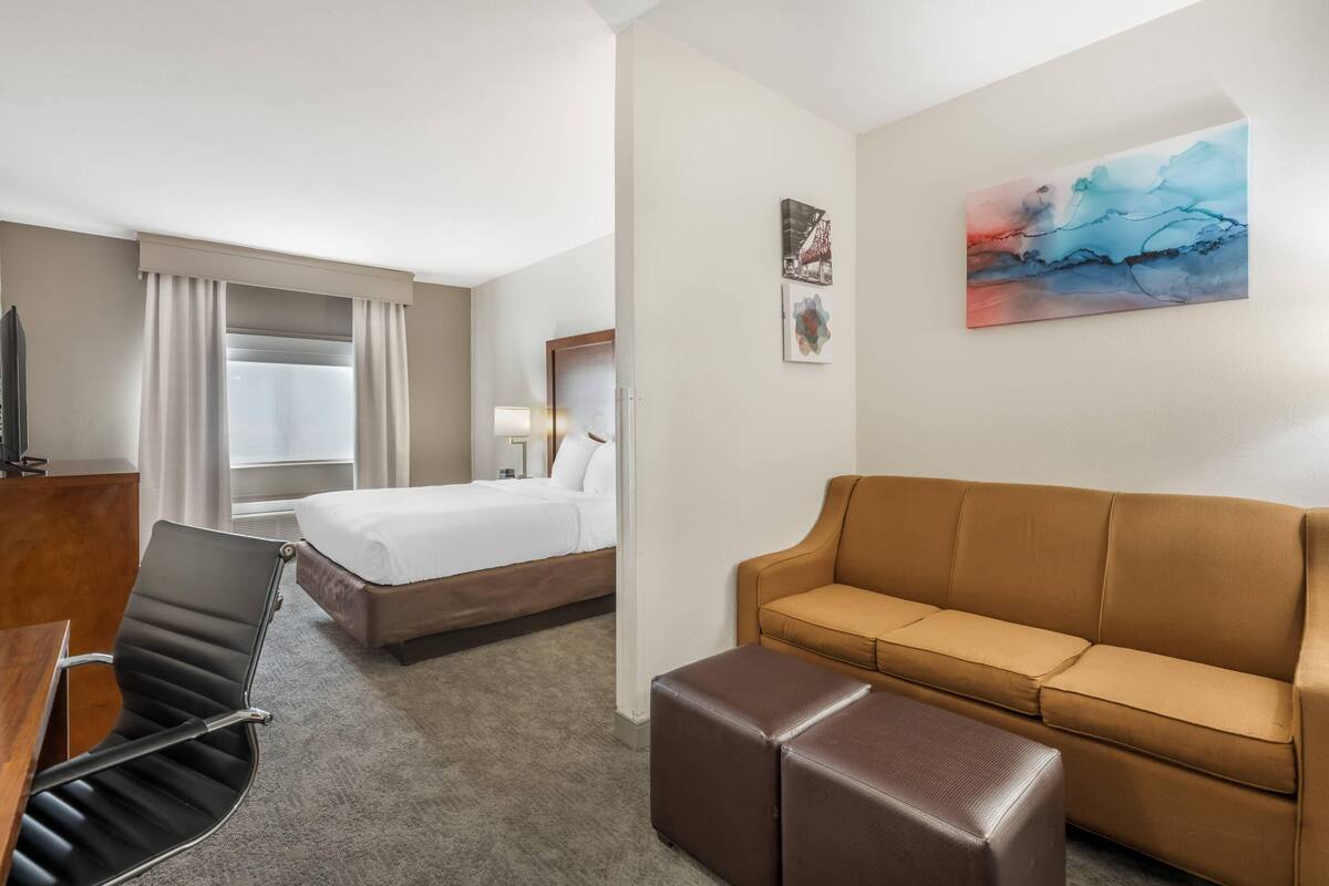 A hotel room with a bed, a sofa, a desk, and a chair.