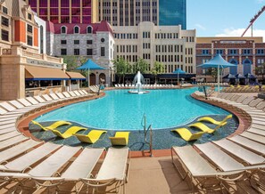 Seasonal outdoor pool, pool loungers