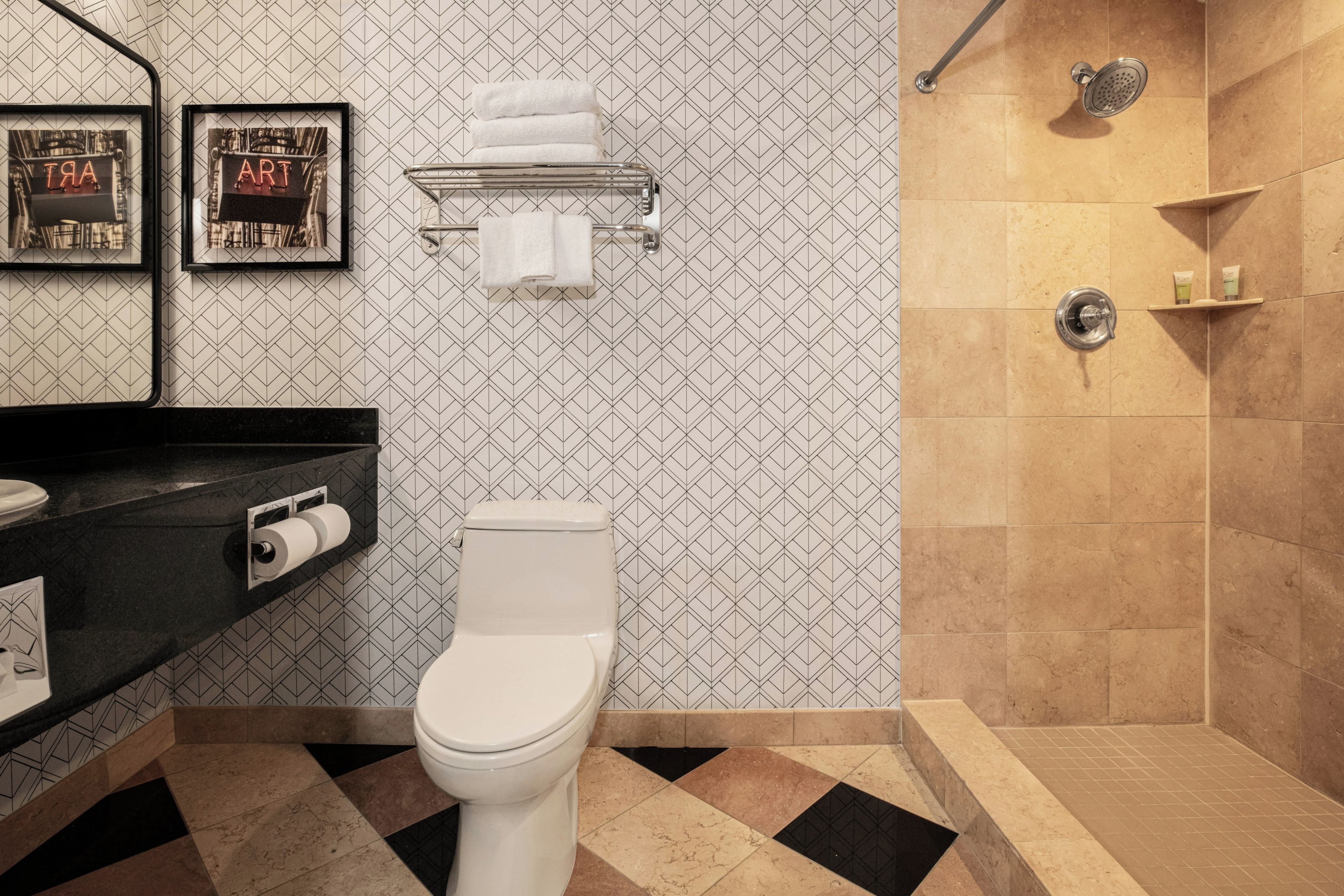 Une salle de bain comprenant des toilettes, un porte-serviettes, une douche et un lavabo avec un plan de travail noir.