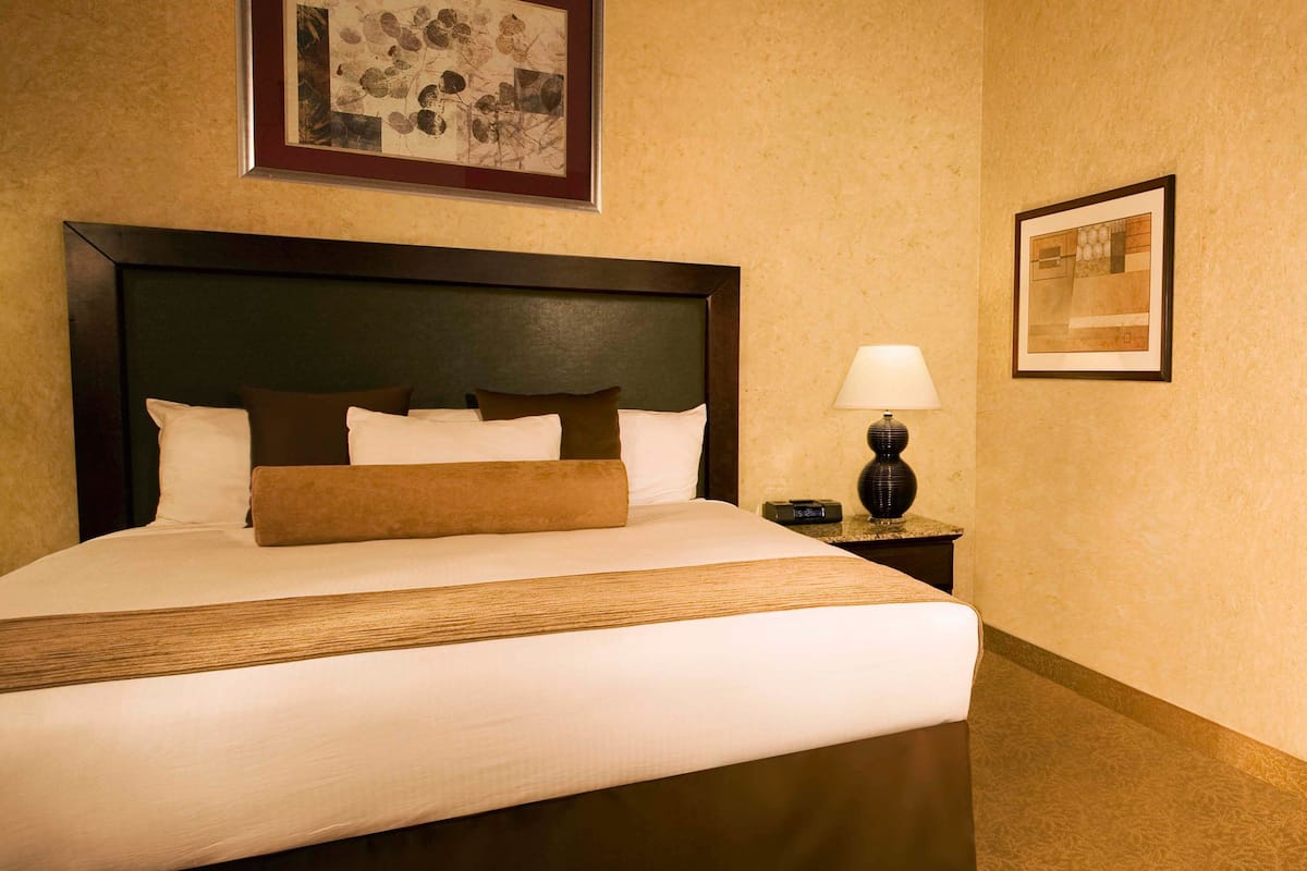 Una cama bien hecha con cabecera oscura, almohadas blancas y marrones, y una manta marrón. Hay una mesita de noche con una lámpara y un cuadro enmarcado en la pared sobre la cama.