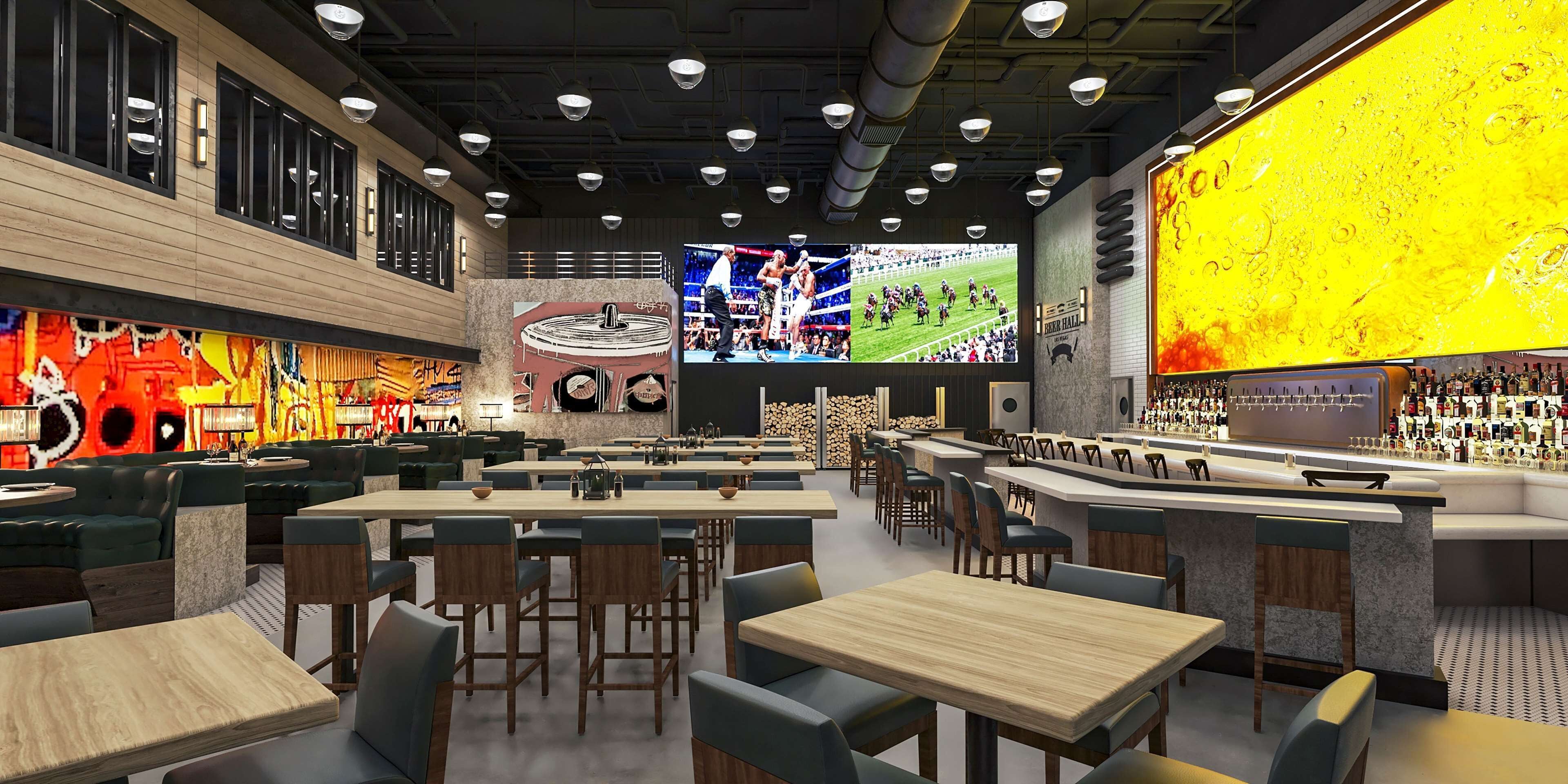 A modern bar area with multiple seating options, including tables and booths, and a large screen displaying sports events.