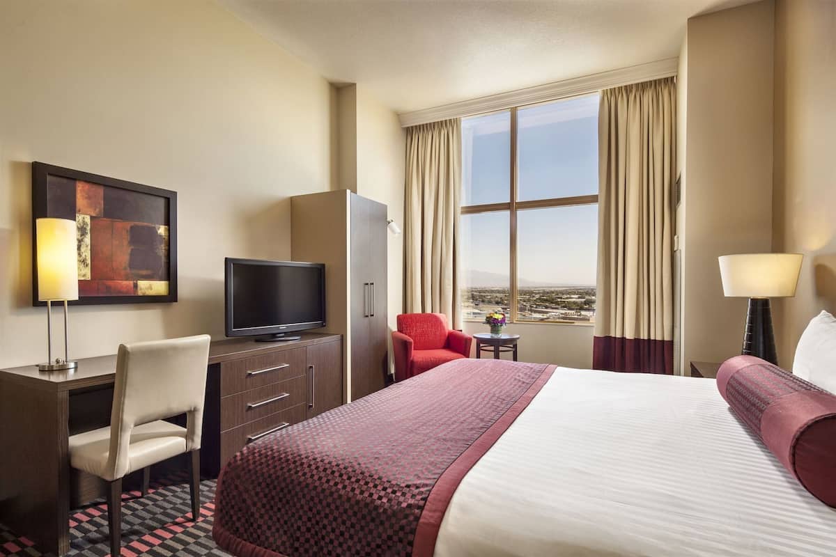 Habitación de hotel con cama, escritorio, televisor, silla y ventana con vistas.
